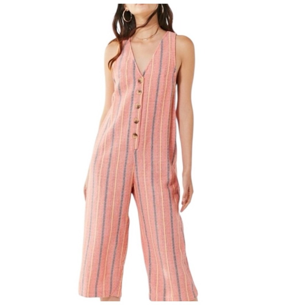 Urban Outfitters Orange Striped jordan Jumpsuit V-Neck Button Front Wide Leg L‎